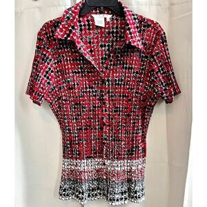 Como Stretch Womens XL Top Button Up Red Geometric Polka Dot Pleated Boho 19816